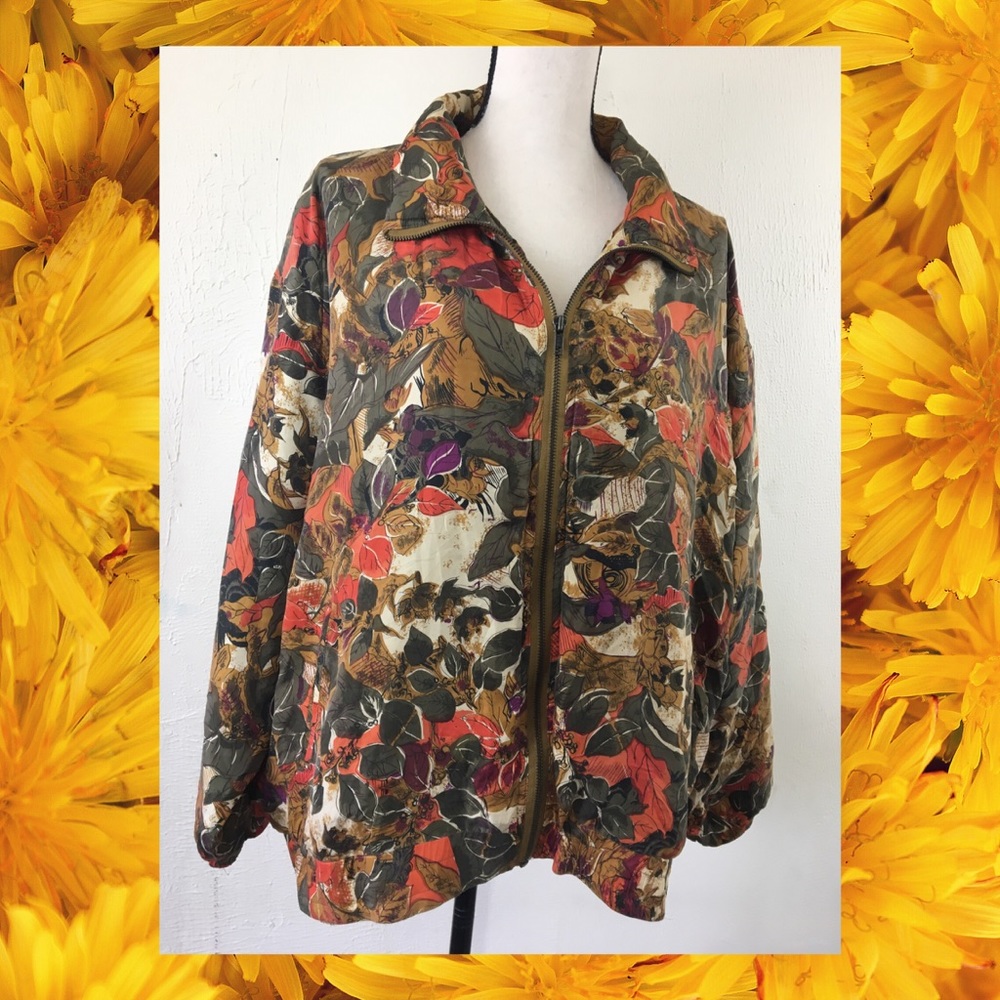 Mureli Silk Autumn Leaves Floral Silk Windbreaker Jacket L Orange Brown
